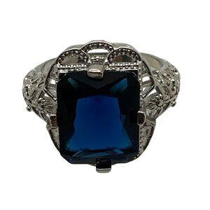 Blue Tanzanite Ring Size 7.75 Intricate Filigree Silver Plating Timeless Glam